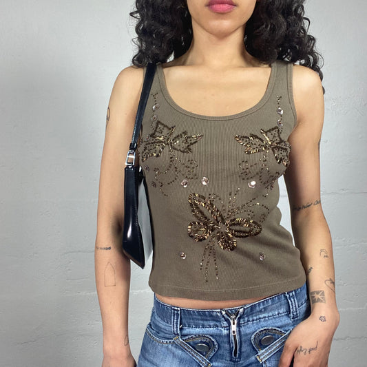 Vintage 2000's Casual Brown Jersey Tank Top with Butterflies Sequins Embroidery (XS)