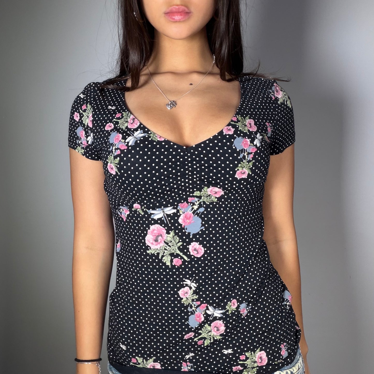 Vintage 90’s Cute Black Floral Print Top (S)
