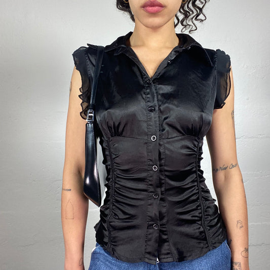 Vintage 2000's Dark Coquette Satin Black Sleeveless Button Up Shirt with Side Ruffles (S)