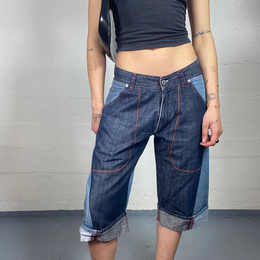 Vintage 2000's Streetwear Multicoloured Denim Long Shorts with Red Seaming (M)