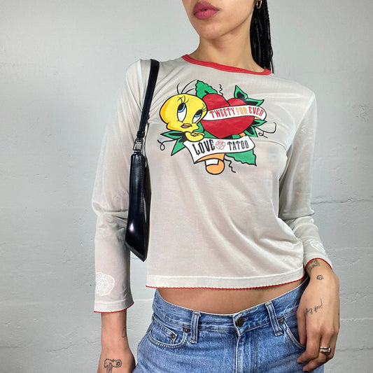 Vintage 2000's Downtown Girl Beige Longsleeve Tweety For Ever Cartoon Print Top (M)