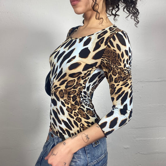 Vintage 2000's Cheetah Girl Longsleeve 3/4 Sleeve Top with Animal Print (S)