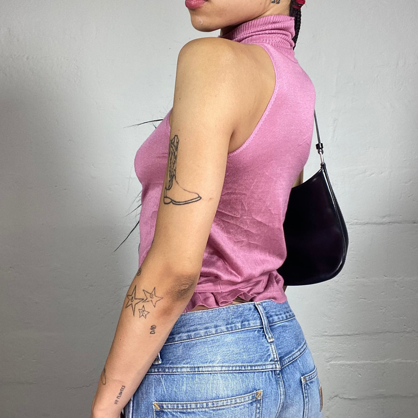 Vintage 2000's Romantic Pink Turtleneck Sleeveless Sheer Knit Wrapped Top with Side Binding (M)