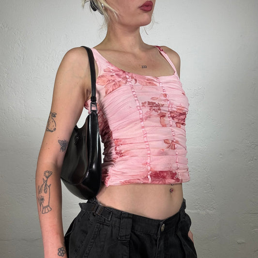 Vintage 2000's Feminine Pink Ruffled Floral Print Cami Top with Satin Stripes (M)