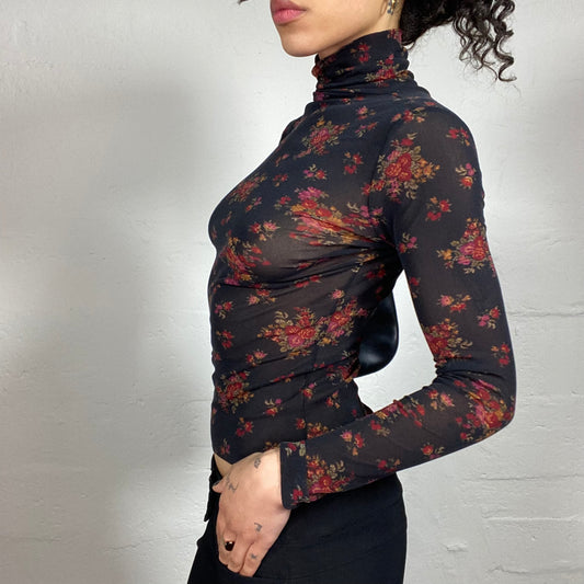 Vintage 2000's Dark Feminine Mesh Black Turtleneck Longsleeve Top with Gothic Red Floral Print (S)