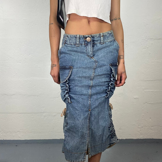 Vintage 2000’s Downtown Girl Midi Washed Out Blue Denim Ruffled Pockets Skirt (XS)