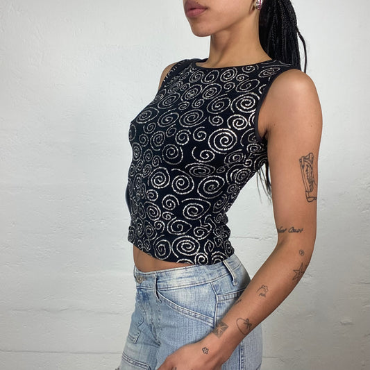 Vintage 2000’s Clubwear Black Cropped Tank Top with Silver Glitter Spirals Print (S)
