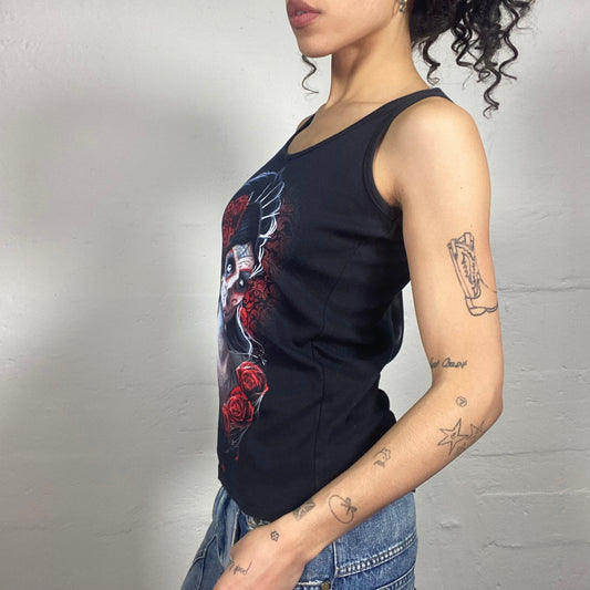 Vintage 2000's Gothic Black Tank Top with Animated Girl with Roses Print (S)