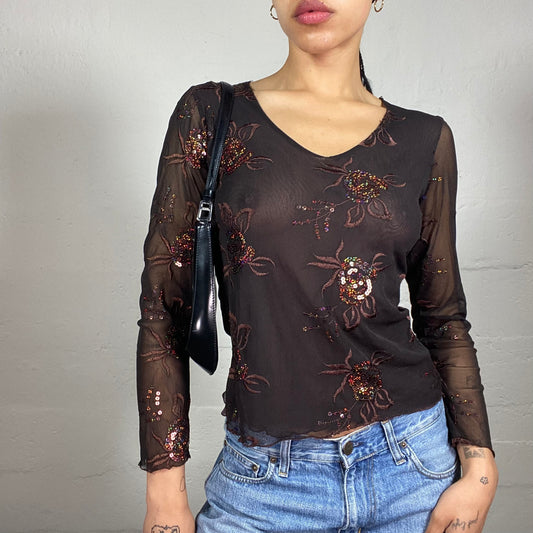 Vintage 2000's Boho Brown Mesh Longsleeve Floral Sequin Embroidery Top with Purple Mesh Back (M)