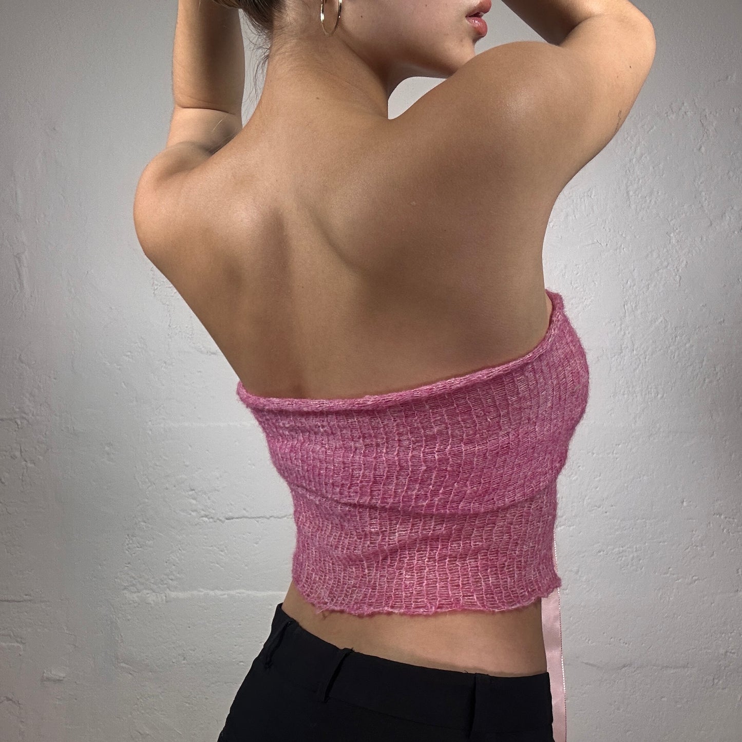 Handcrafted Original Coquette Pink Crochet Tube/Neckholder Top with Silky Baby Pink Stripe Detail (S)