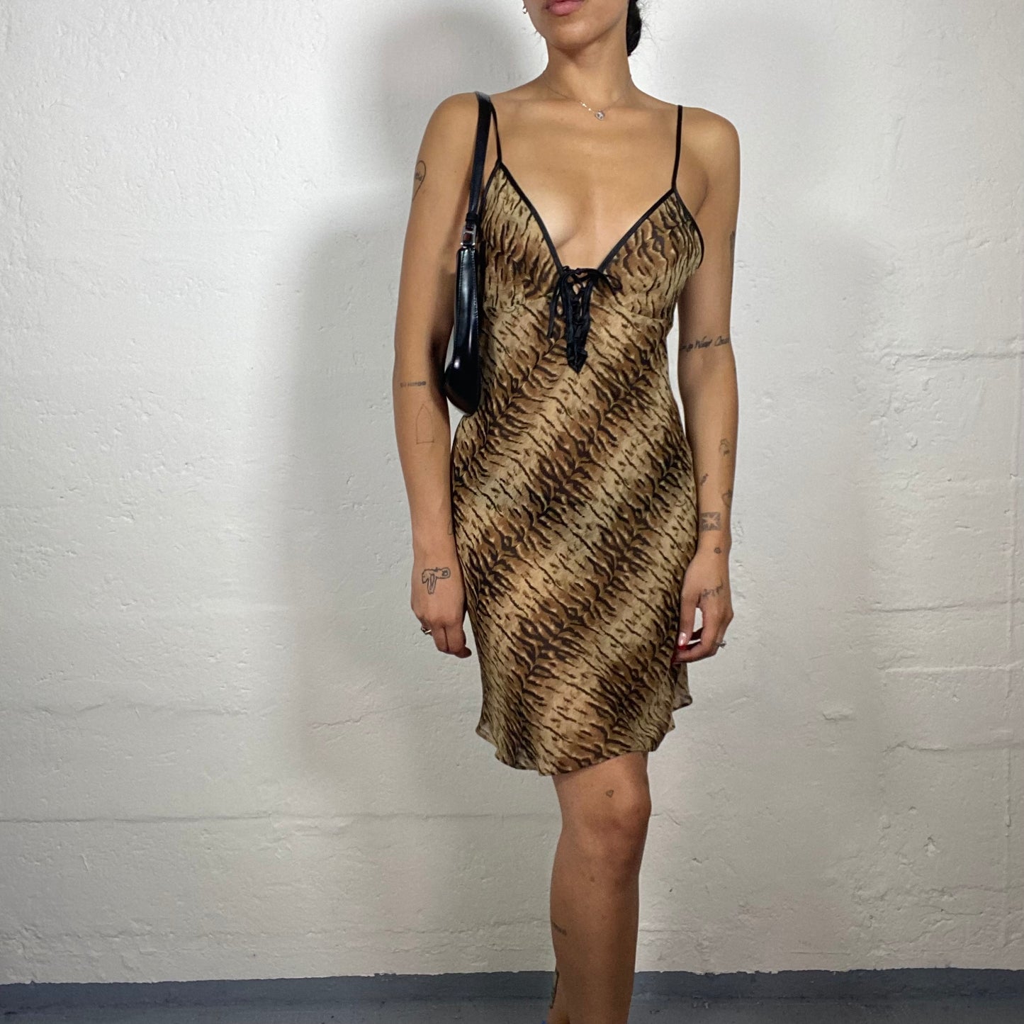 Vintage 2000's Downtown Girl Brown Toned Chiffon Animal Printed Cami Dress with Open Back (M)