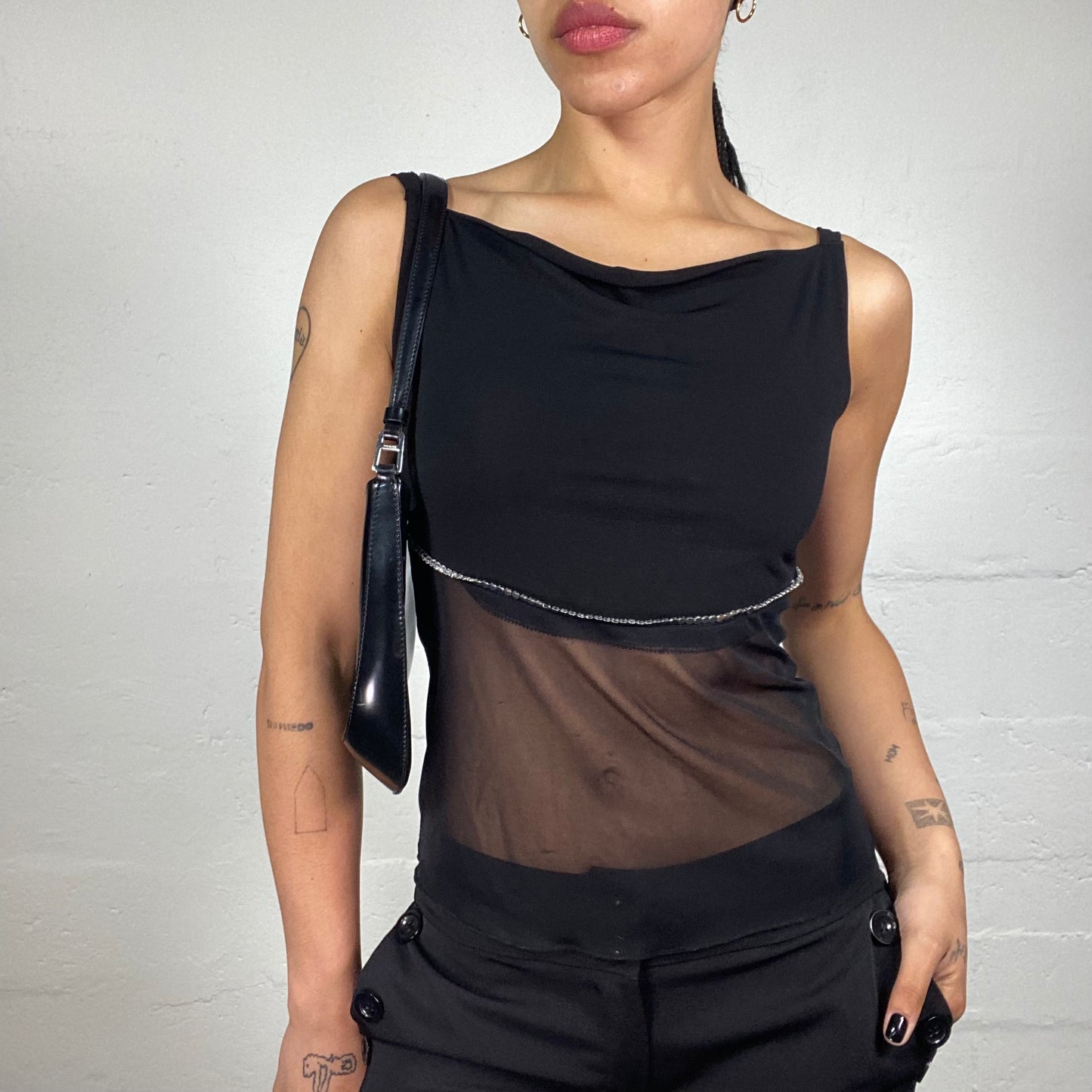 Vintage 2000's Night Out Black Half Mesh Boat Neck Cut Top with Rhinestone Stripe Detail (S)