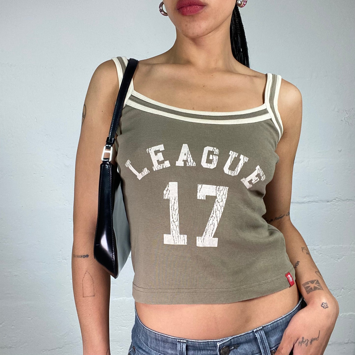 Vintage 2000's Hip-Hop Khaki Green Jersey Cami Top with White League 17 Print (M)