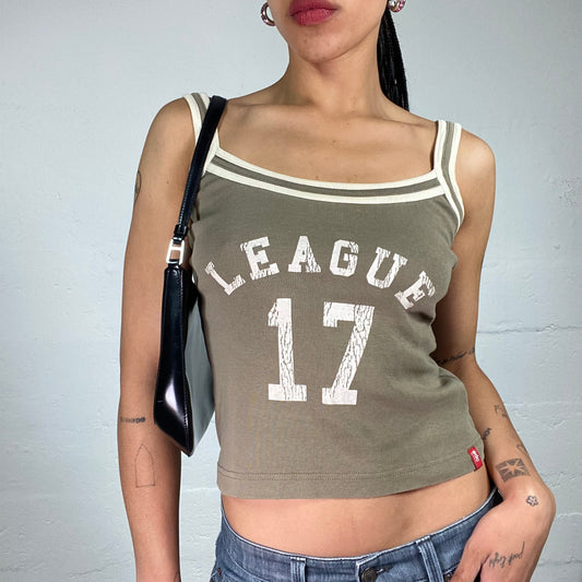 Vintage 2000's Hip-Hop Khaki Green Jersey Cami Top with White League 17 Print (M)