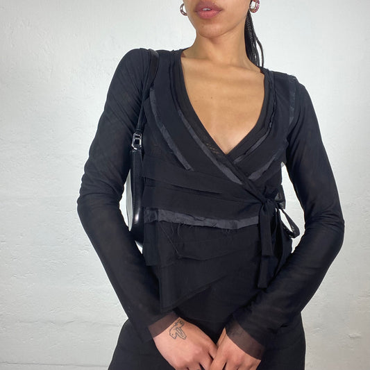 Vintage 2000’s Boho Girl Black Chiffon Layered Wrap Up Longsleeve Bolero Style Top (M)