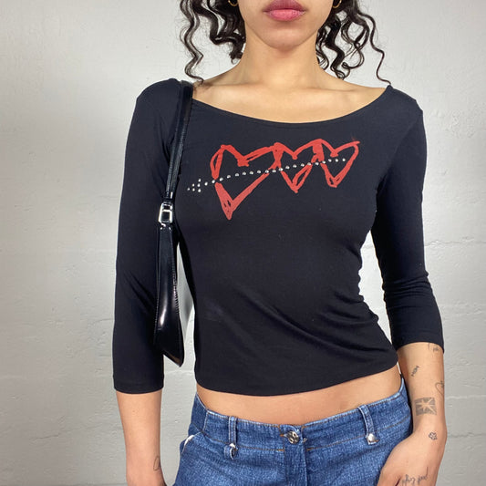Vintage 2000's Casual Black Slim Fit 3/4 Sleeve Boat Neck Top with Red Hearts Print and Metal Details Arrow Embroidery (S)