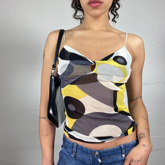 Vintage 2000's Summer Black White and Yellow Geometric Print Cami Top (S/M)