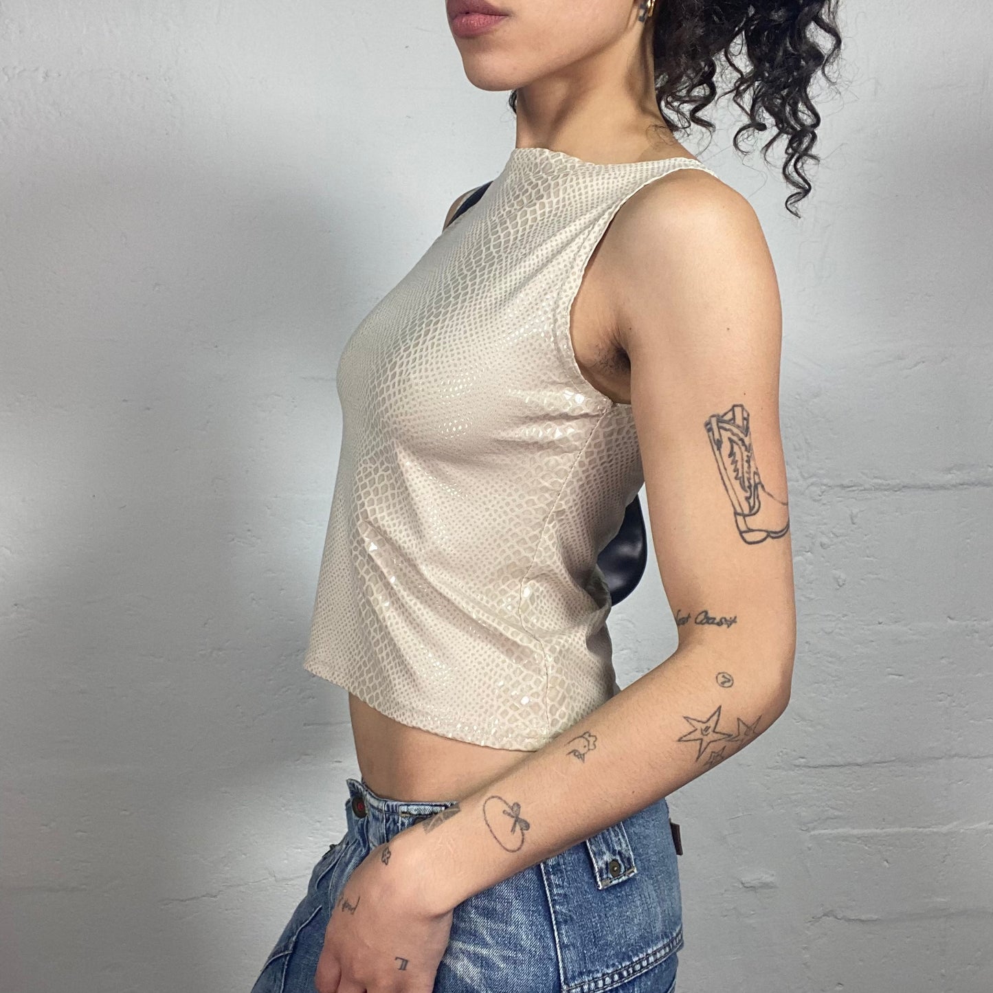 Vintage 2000's Glam Beige Glossy Tank Top with Snake Skin Pattern (S)