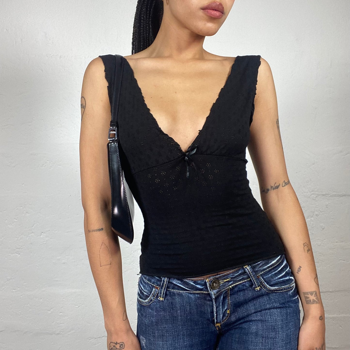 Vintage 2000's Dark Coquette Black Crochet V-Cut Top with Silky Ribbon Detail (S)