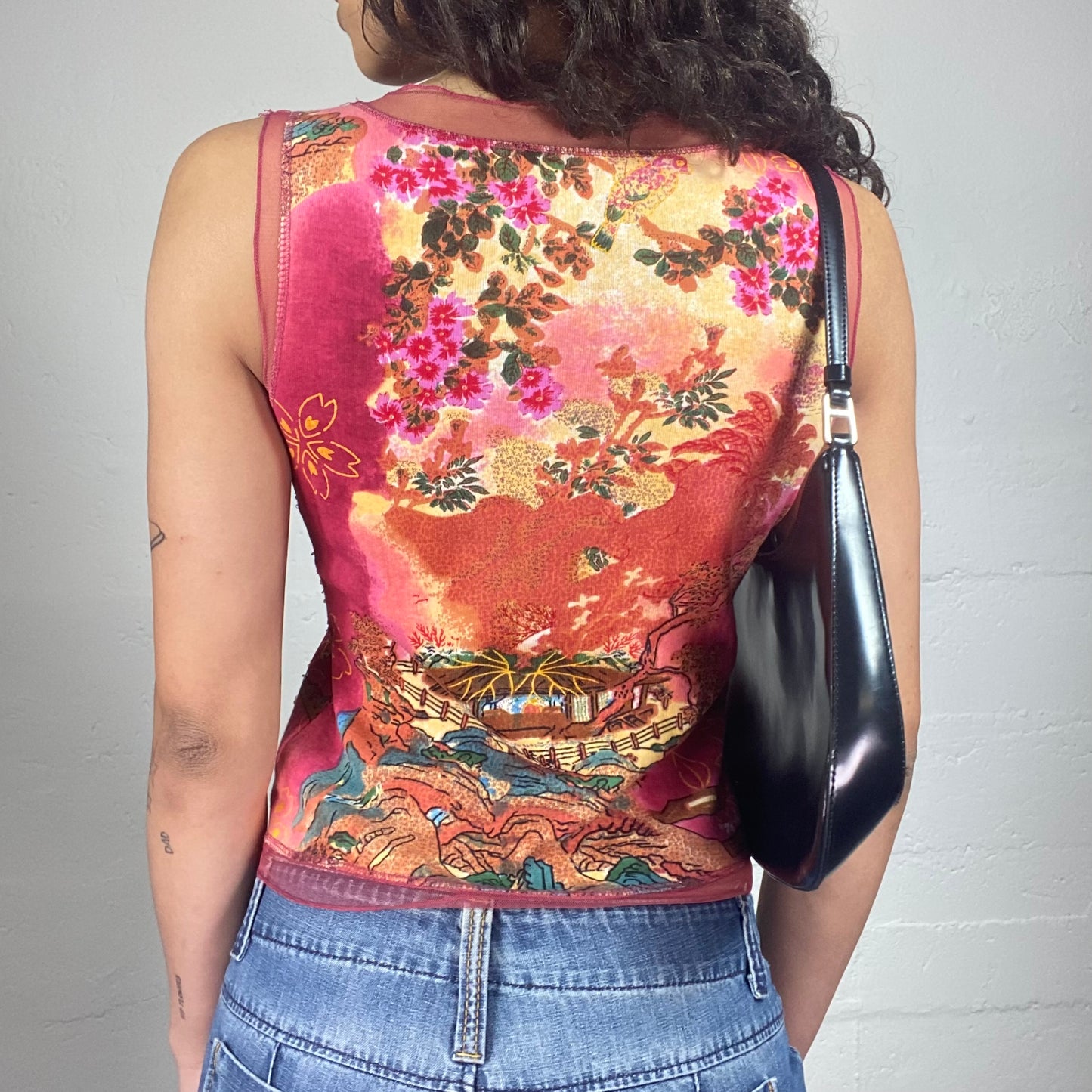 Vintage 2000's Boho Girl Pink and Orange Printed Tank Top with Mesh Detail (S)