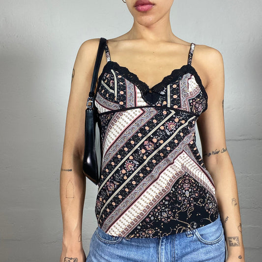 Vintage 2000's Boho Girl Brown and Black Cami Printed Top with Lace Bra Trim (M)
