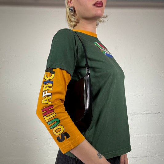 Vintage 2000's Skater Girl Khaki Green and Orange Longsleeve Shirt with Flag Logo and Sleeve Prints (S)