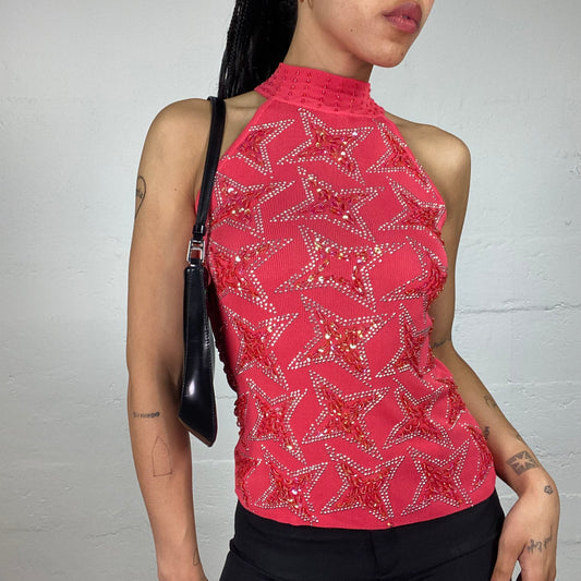 Vintage 2000's Funky Coral Red Turtleneck Jersey Top with Sequins and Rhinestone Stars Embroidery (S)