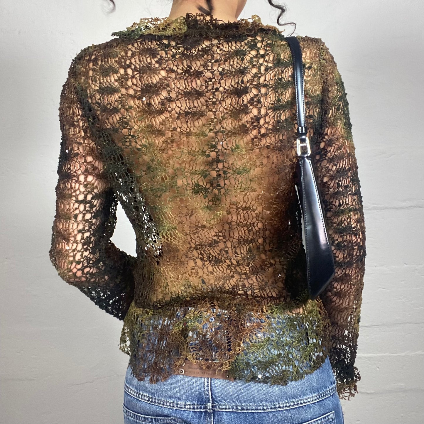 Vintage 2000's Forest Fairy Net Green and Brown Longsleeve Top with Front Binding (S)