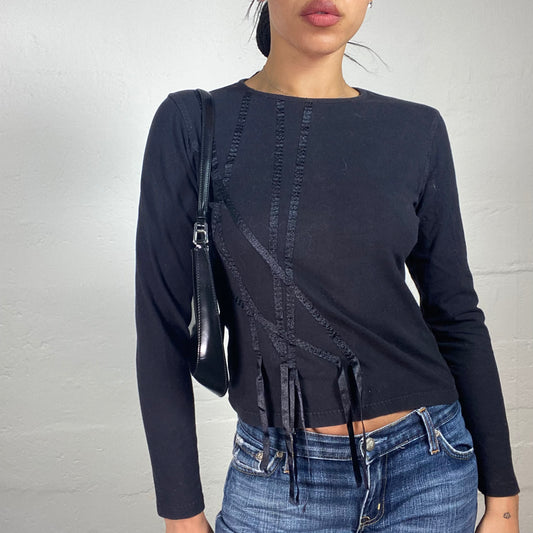 Vintage 2000's Downtown Girl Midnight Black Longsleeve Top with Asymmetric Silky Stripes Embroidery (L)