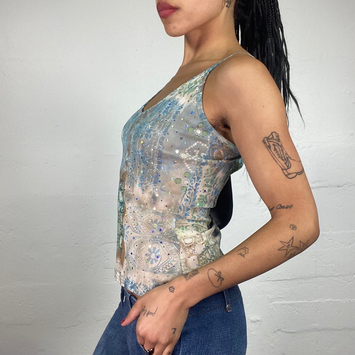 Vintage 2000's Downtown Girl Blue and Green Printed Cami Top with Rhinestone Decoration (M)