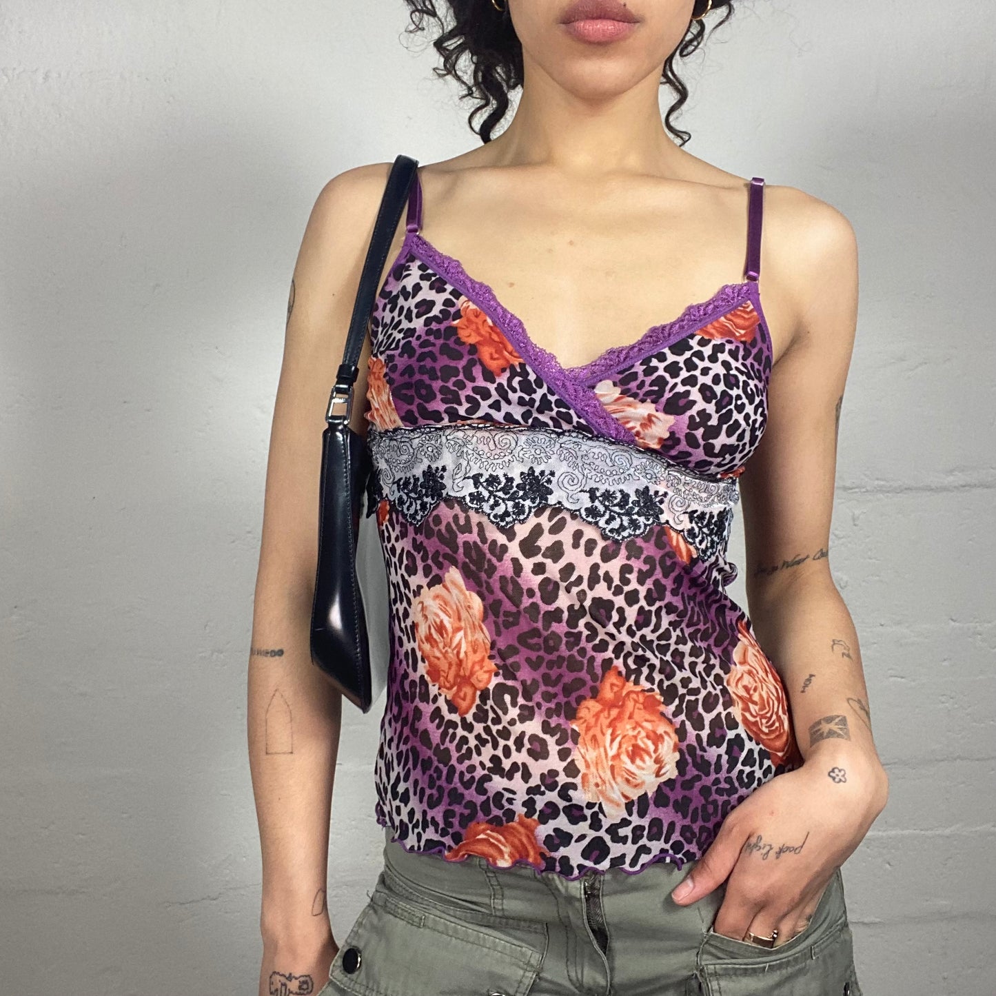 Vintage 2000's Romantic Purple Animal Print Cami Top with Lace Trim (S)