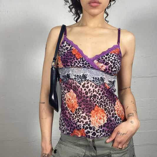 Vintage 2000's Romantic Purple Animal Print Cami Top with Lace Trim (S)