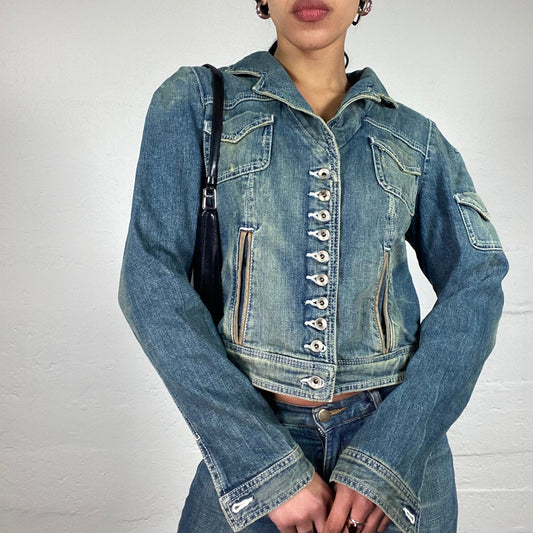 Vintage 2000's Armani Jeans Downtown Girl Summer Evening Beige Wash Out Extra Bottom Up Denim Jacket with Sleeve Pocket (S)