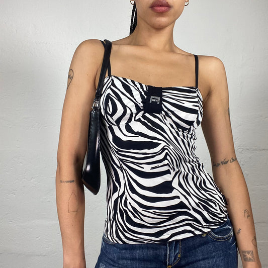 Vintage 2000's Downtown Glam Black and White Zebra Print Cami Top with Rhinestones Decoration (S)