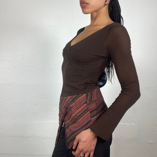 Vintage 2000’s Downtown Girl Brown Wrapped Bra Longsleeve Top with Striped Bottom (S)
