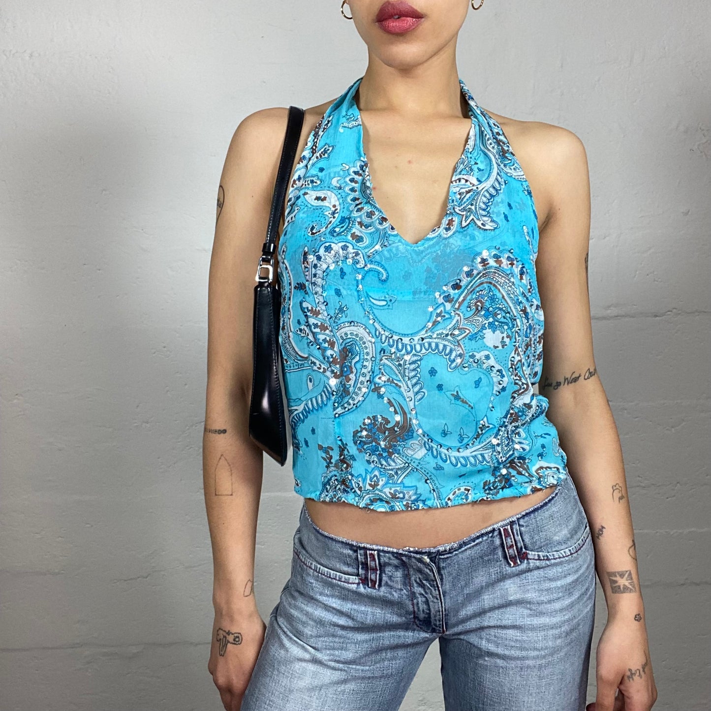 Vintage 2000's Boho Girl Light Summer Aquamarine Blue Neckholder Printed Top (M)