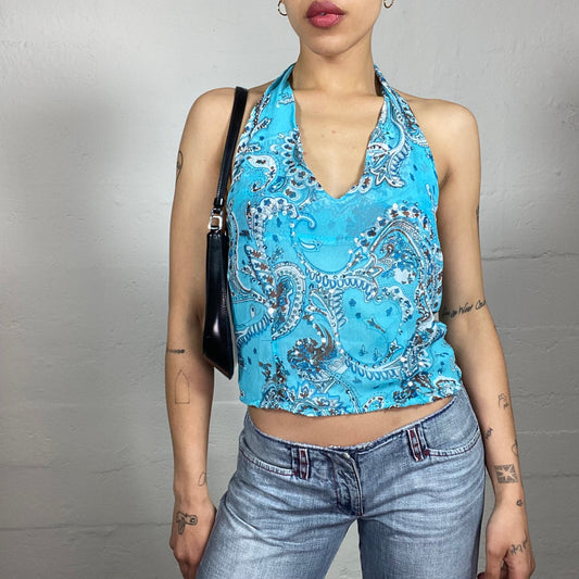 Vintage 2000's Boho Girl Light Summer Aquamarine Blue Neckholder Printed Top (M)