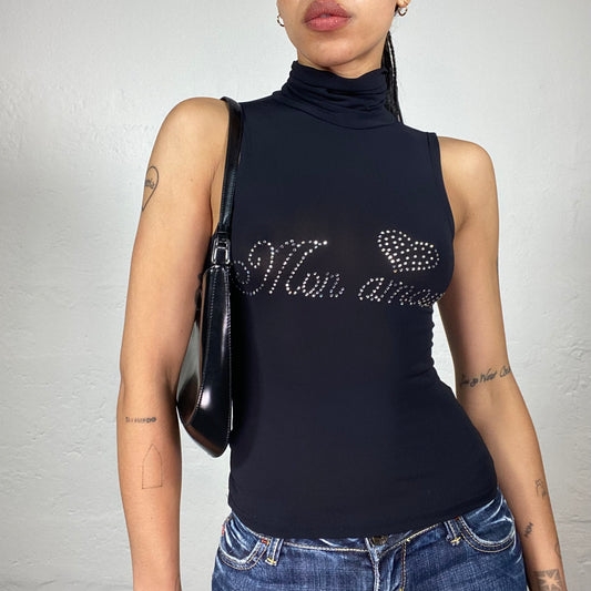 Vintage 2000’s Glamorous Black Sleeveless Turtleneck Top with Rhinestone Embroidered Typo Print (S)