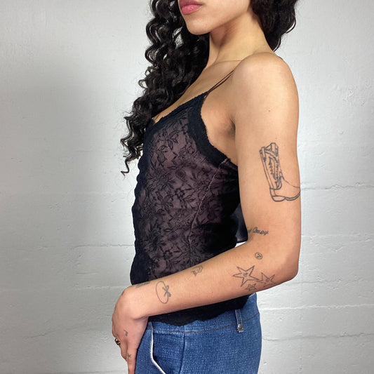 Vintage 2000's Baroque Dark Purple Feminine Cami Top with Black Lace Decoration (M)