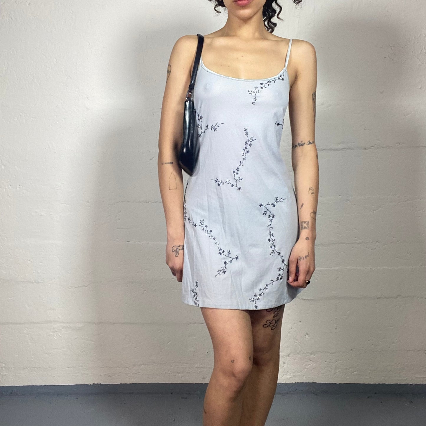 Vintage 2000's Soft Girl Light Grey Summer Cami Mini Dress with Floral Print (S)