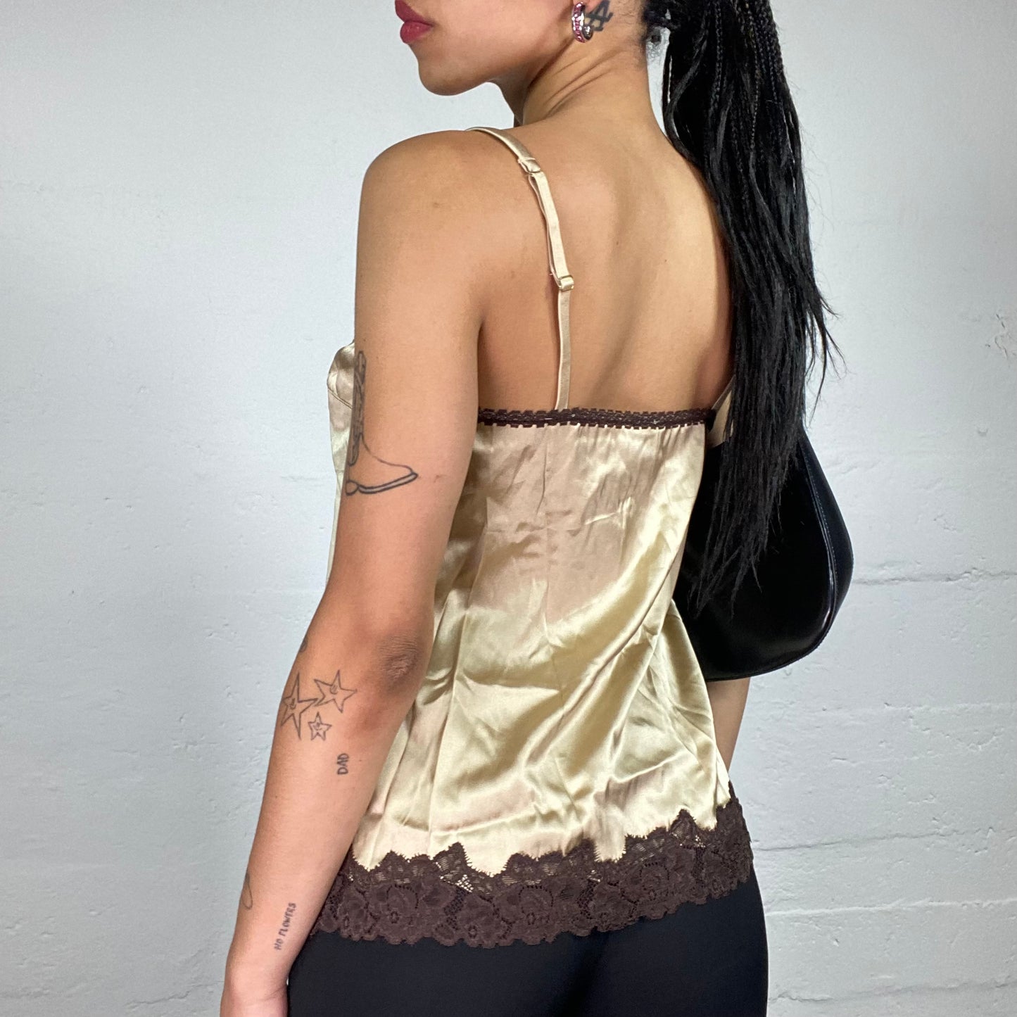 Vintage 2000's Soft Girl Coffee Toned Beige Silky Camisole Top with Brown Lace Details (S)