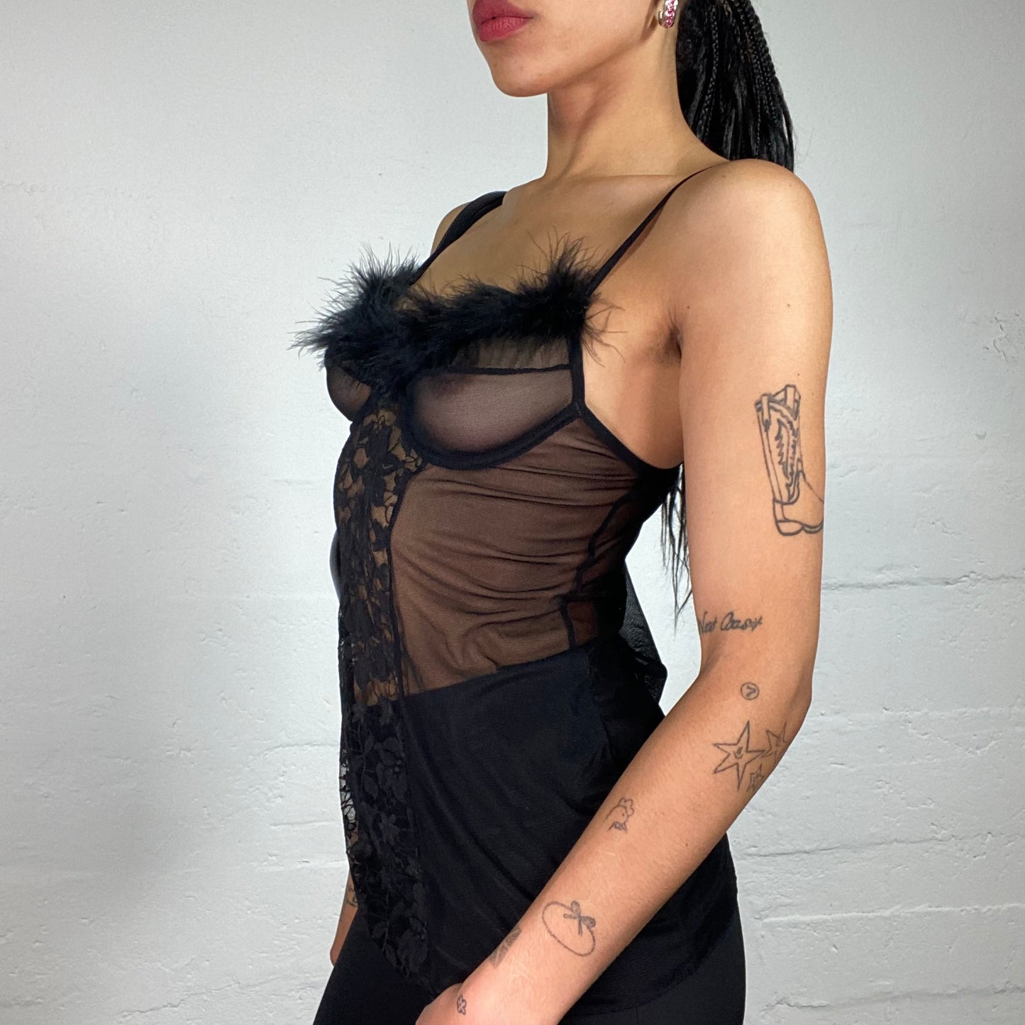 Vintage 2000's Glamorous Black Lingerie Style Mesh See Through Long Cami Top with Lace and Fur Details (S)