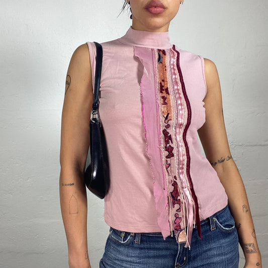 Vintage 2000's Soft Girl Pastel Pink Jersey Turtleneck Tank Top with Multicoloured Sewn On Embroidery (M)