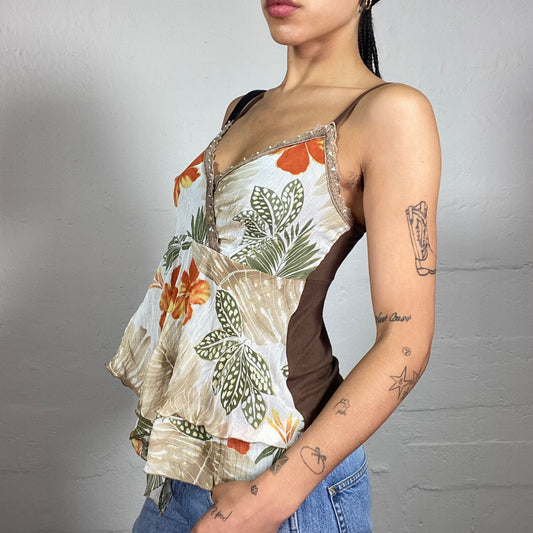 Vintage 2000's Gossip Girl Summer Beige Flowy Cami Top with Orange Floral Print and Sequins Details (S)