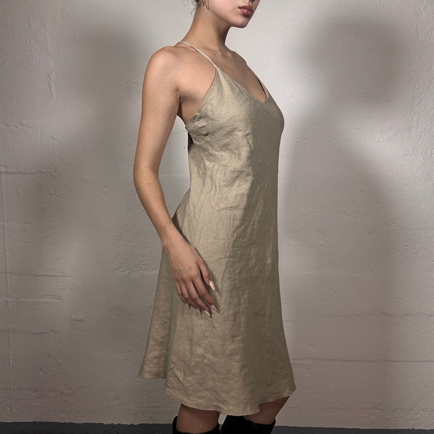 Vintage 2000's Summer Beige Linen Knee Length Cami Dress (L)