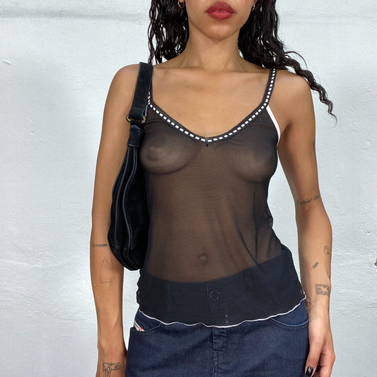 Vintage 2000's Coquette Black Sheer Cami Top with Pink Trim (S)