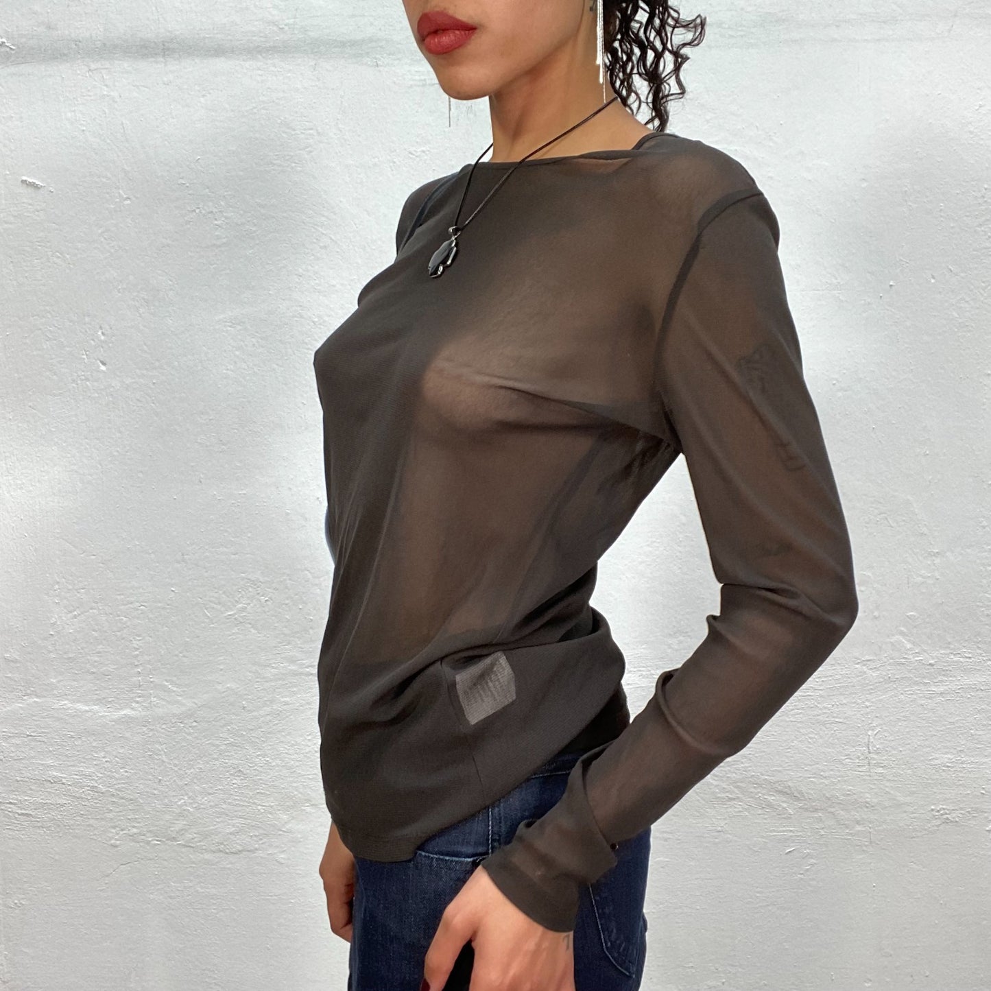 Vintage 90's Model Off Duty Brown Mesh Longsleeve Top (M)