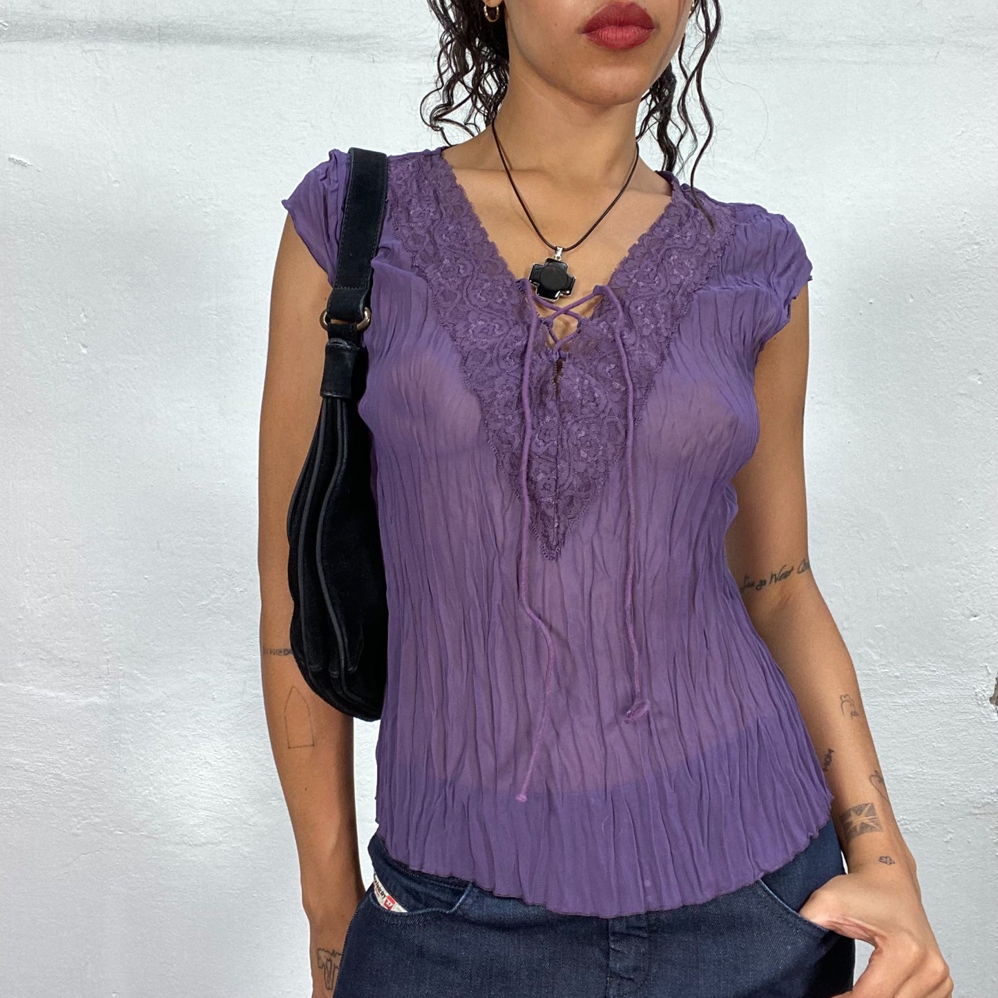 Vintage 2000's Indie Purple Semi-Sheer Top with Lace Up Detail (S)