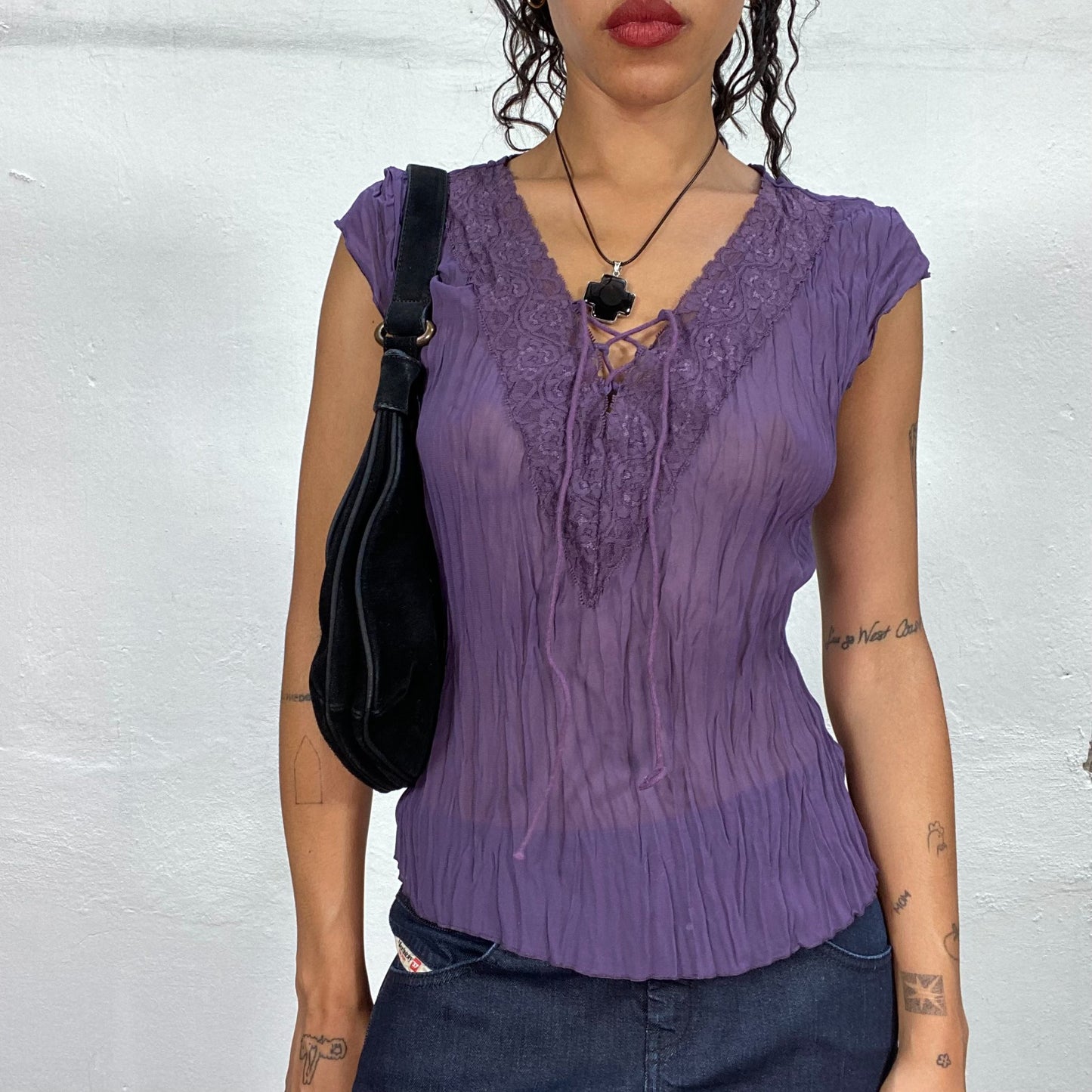 Vintage 2000's Indie Purple Semi-Sheer Top with Lace Up Detail (S)