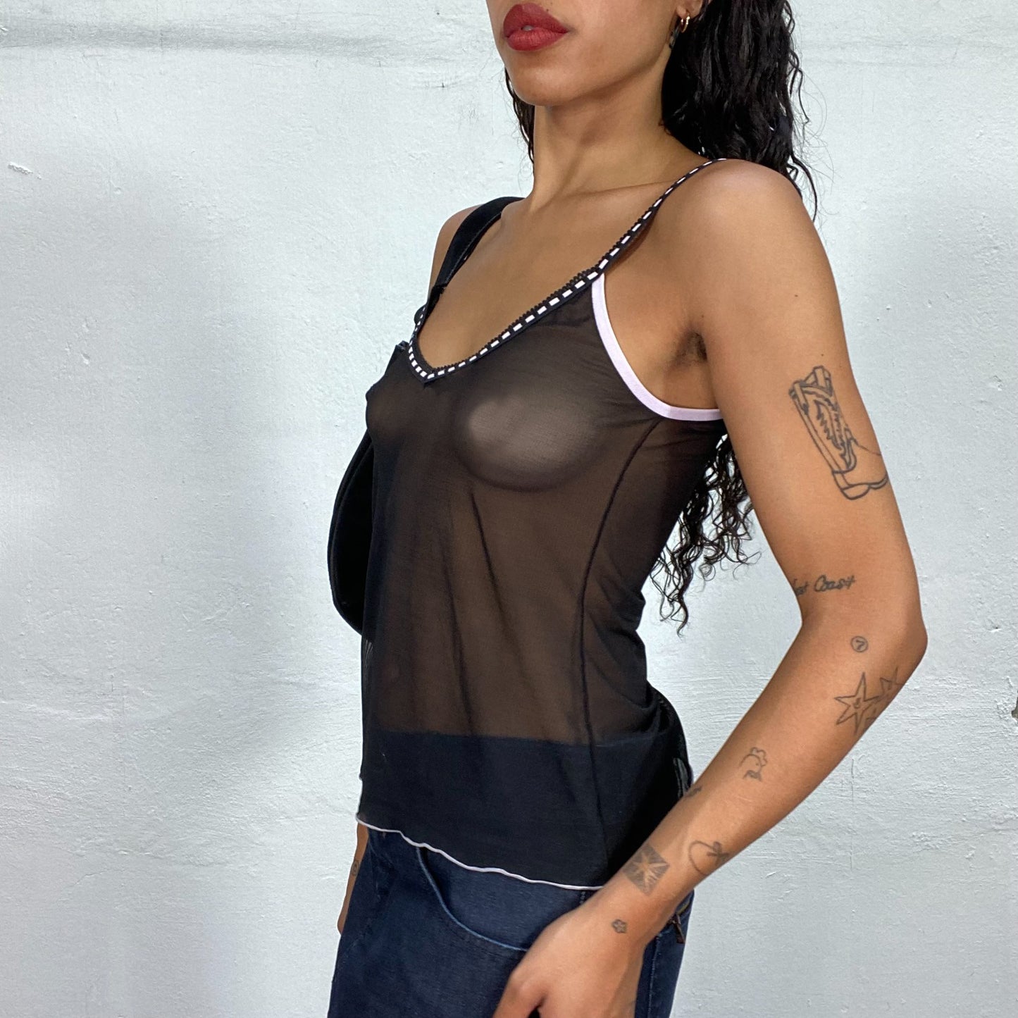 Vintage 2000's Coquette Black Sheer Cami Top with Pink Trim (S)